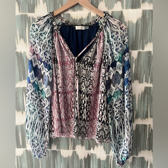 Ramy Brook - 100% Silk Kayden Printed Blouson-Sleeve Blouse Sz. S - Picture 3 of 6